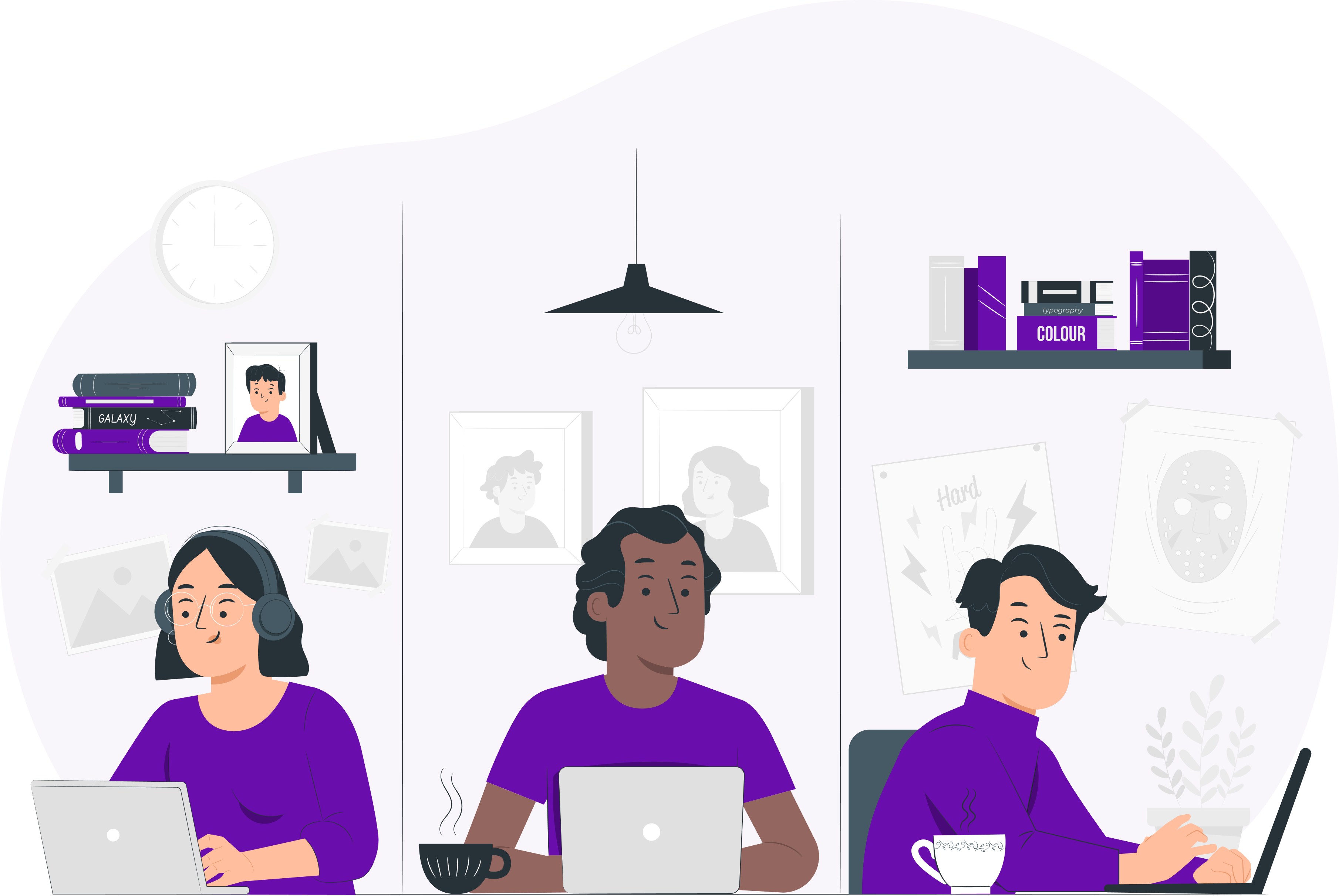 Three people working at computers - team collaboration